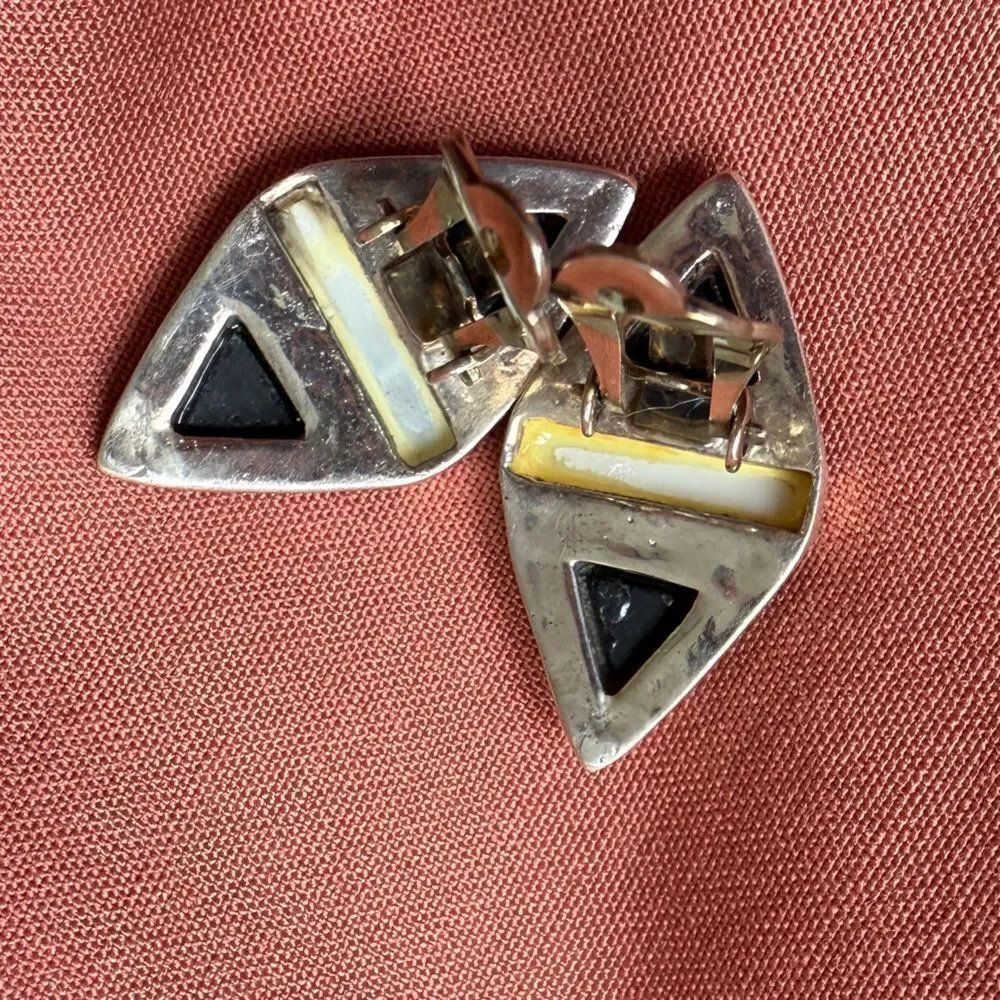 Vintage Art Deco Sterling silver Onyx Mother of Pearl and Marcasite Clip-on Earr